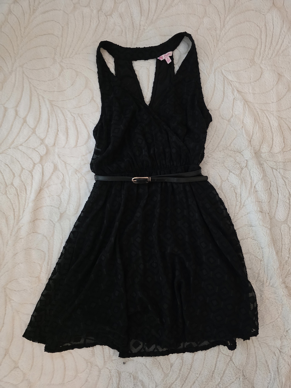 Candie's Black Sleeveless Lace Fit-and-Flare Dress with Belt